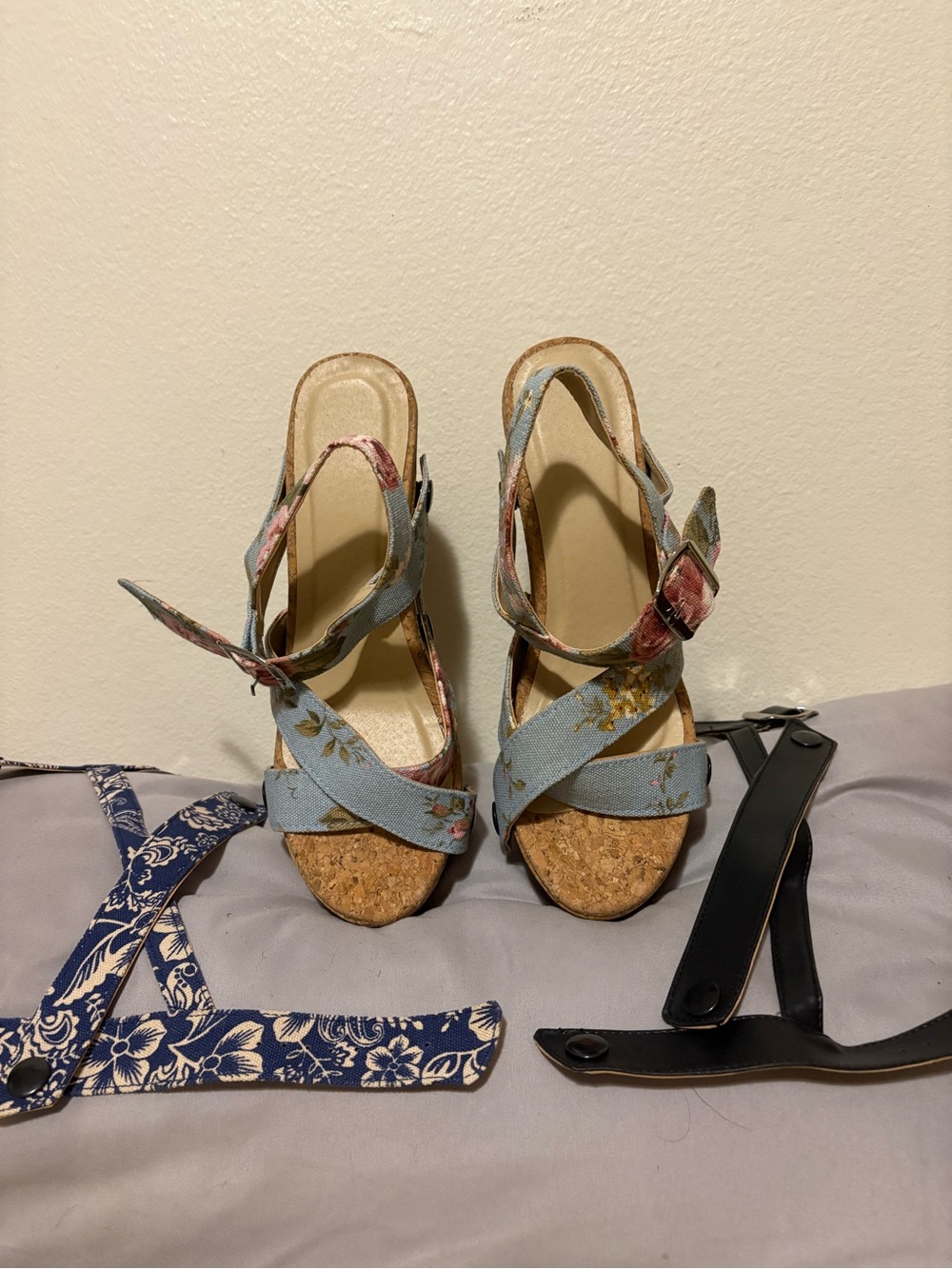Floral Light Blue Cork Wedge Sandals with Adjustable Ankle Strap